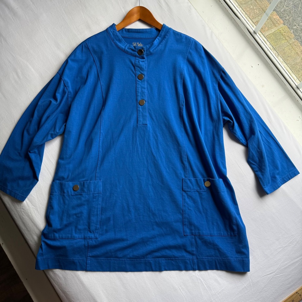 Bob Mackie Wearable Art Blue Tunic Top 2X Gold Button Pocket Knit Holiday Casual